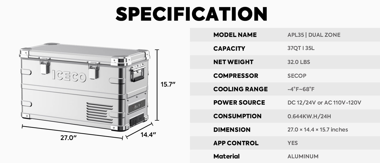 APL35 Dual Zone Aluminum Refrigerator| ICECO | 35 LT