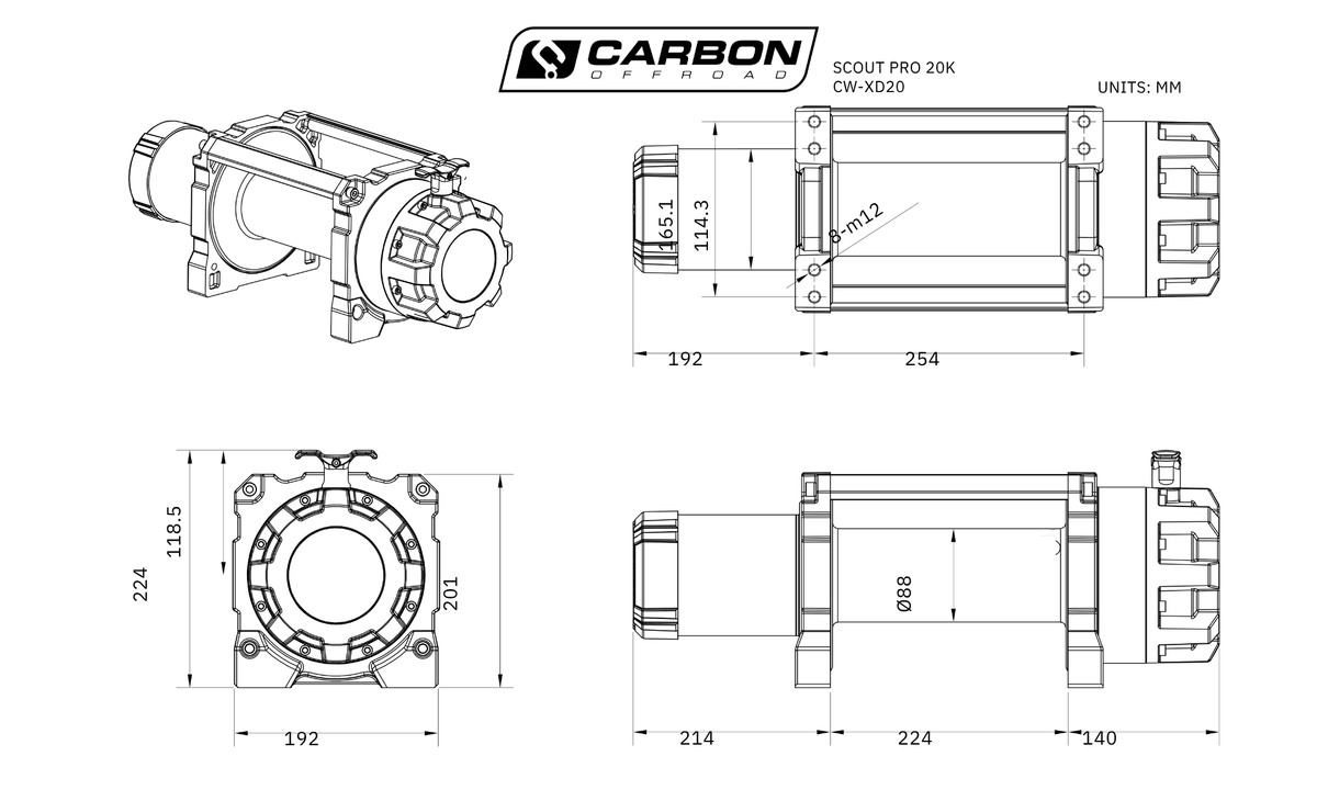 Carbon Offroad Scout Pro Extreme Duty Truck Winch | 20,000lb 24V Winch Only