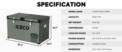 VL65 Dual Zone Metal Fridge Freezer with Cover | ICECO | 65LT