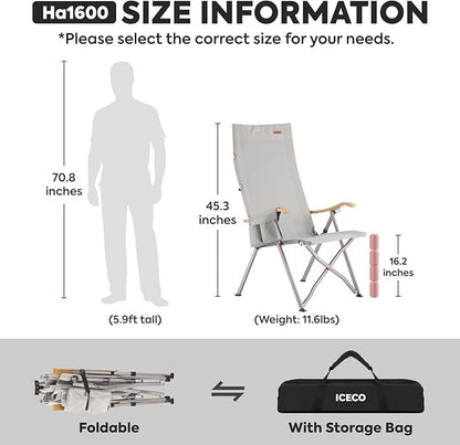 Ha1600 Adjustable Camping Chairs, High-Back Heavy Duty Folding Chair for Outside | ICECO