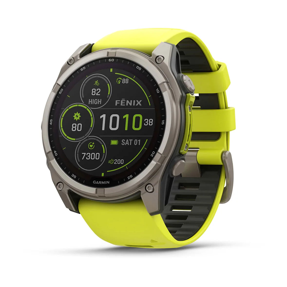 Garmin fēnix® 8 Solar, Sapphire, Titanium w/ Amp Yellow/Graphite Silicone Band