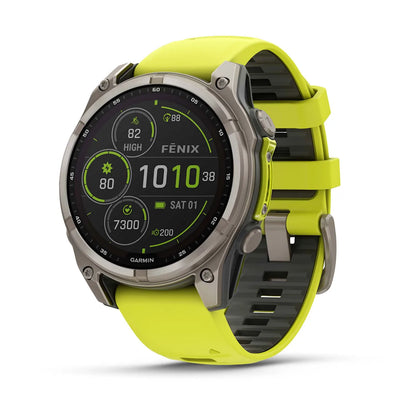 Garmin fēnix® 8 Solar, Sapphire, Titanium w/ Amp Yellow/Graphite Silicone Band