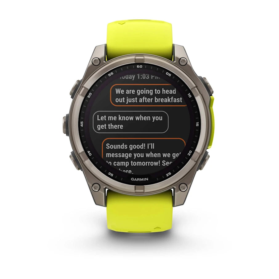 Garmin fēnix® 8 Solar, Sapphire, Titanium w/ Amp Yellow/Graphite Silicone Band