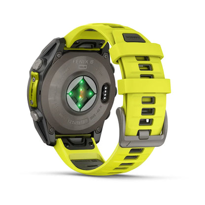 Garmin fēnix® 8 Solar, Sapphire, Titanium w/ Amp Yellow/Graphite Silicone Band