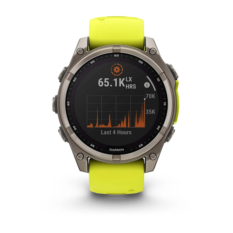 Garmin fēnix® 8 Solar, Sapphire, Titanium w/ Amp Yellow/Graphite Silicone Band