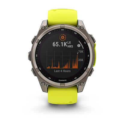 Garmin fēnix® 8 Solar, Sapphire, Titanium w/ Amp Yellow/Graphite Silicone Band