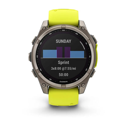 Garmin fēnix® 8 Solar, Sapphire, Titanium w/ Amp Yellow/Graphite Silicone Band