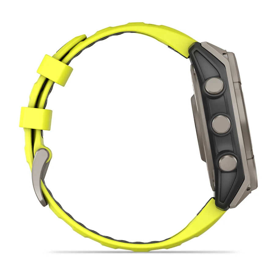 Garmin fēnix® 8 Solar, Sapphire, Titanium w/ Amp Yellow/Graphite Silicone Band