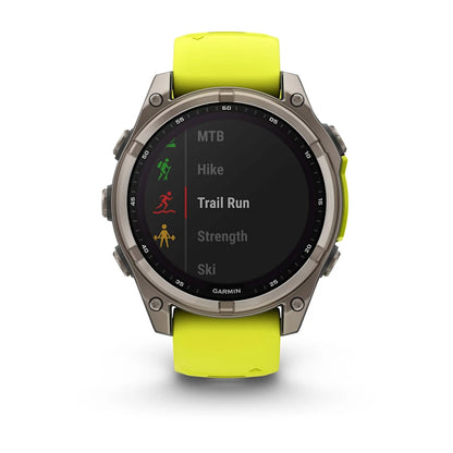 Garmin fēnix® 8 Solar, Sapphire, Titanium w/ Amp Yellow/Graphite Silicone Band