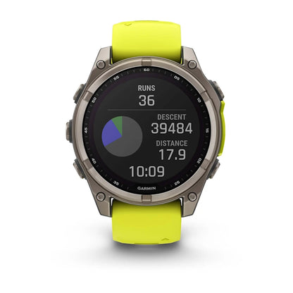 Garmin fēnix® 8 Solar, Sapphire, Titanium w/ Amp Yellow/Graphite Silicone Band